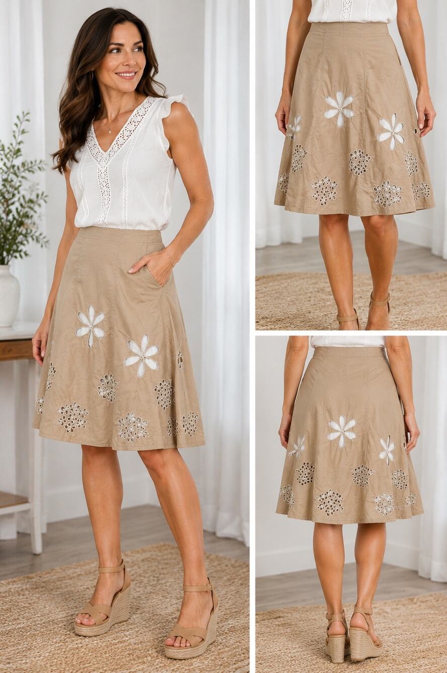 Sunny Leigh petites khaki floral cutout knee length skirt.  Size 4P